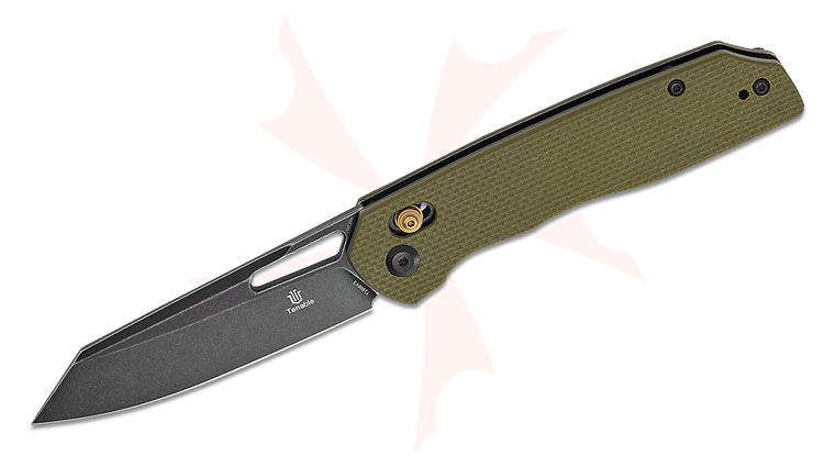 Tenable Knives Shard Crossbar Lock Folding Knife 3.47 inch 14C28N Black Stonewashed Reverse Tanto Blade, Olive Green G10 Handles