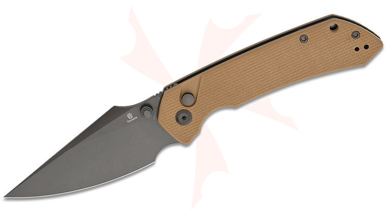 Tenable Knives Fenrir Button Lock Folding Knife 3.45 inch 14C28N Gray TiCn Coated Harpoon Blade, Light Sand G10 Handles