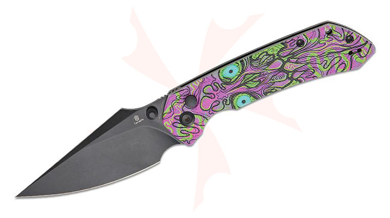 Tenable Knives Fenrir Top Liner Lock Folding Knife 3.45 inch 14C28N Black Stonewashed Harpoon Blade, Purple Undead Pattern Jade G10 Handles