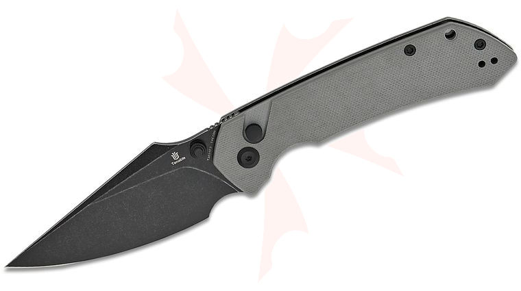 Tenable Knives Fenrir Button Lock Folding Knife 3.45 inch 14C28N Black Stonewashed Harpoon Blade, Gray G10 Handles