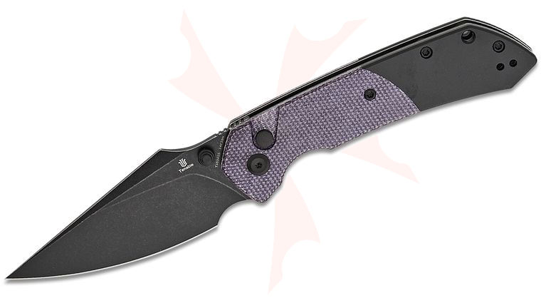 Tenable Knives Fenrir Button Lock Folding Knife 3.45 inch 14C28N Black Stonewashed Harpoon Blade, Purple Micarta  and Black Stonewashed Aluminum Handles