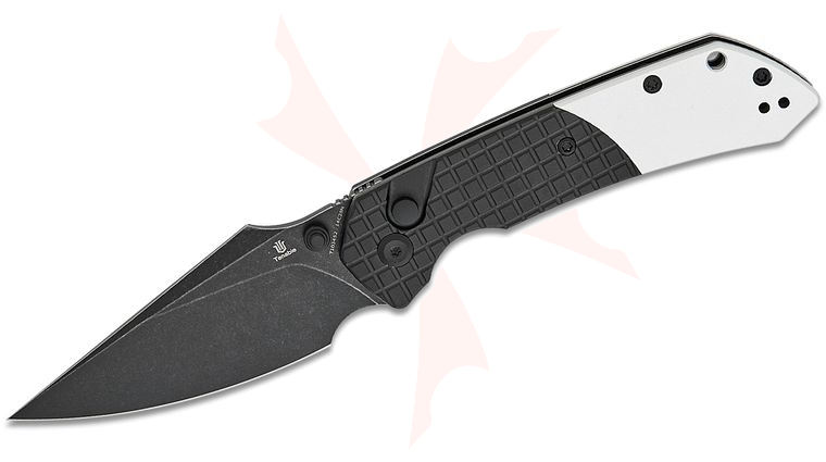 Tenable Knives Fenrir Button Lock Folding Knife 3.45 inch 14C28N Black Stonewashed Harpoon Blade, Black Frag Aluminum and Plain Aluminum Handles
