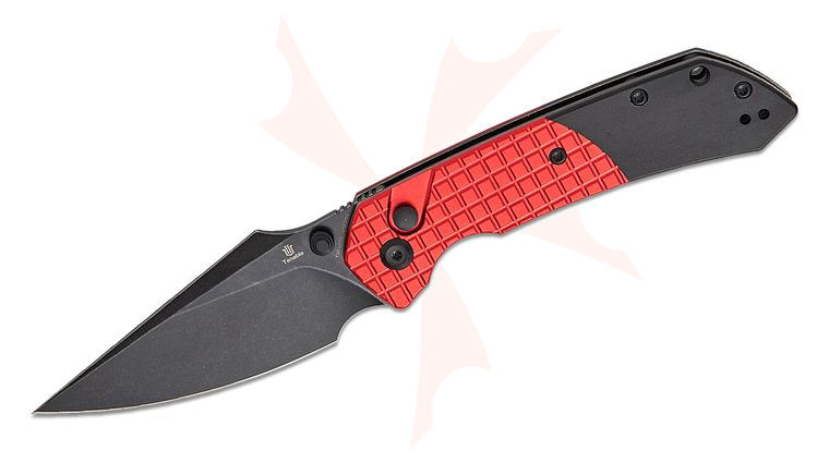 Tenable Knives Fenrir Button Lock Folding Knife 3.45 inch 14C28N Black Stonewashed Harpoon Blade, Dark Red Frag Aluminum and Black Stonewashed Aluminum Handles