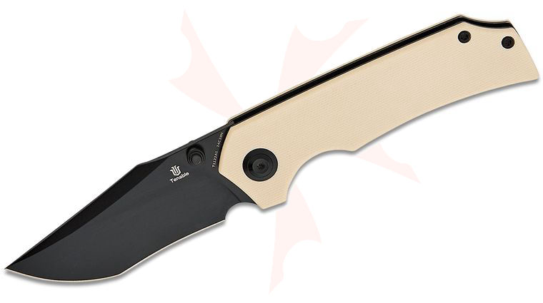 Tenable Knives Fermi Folding Knife 3.11 inch 14C28N Black TiCn Recurve Harpoon Point Blade, Ivory White G10 Handles