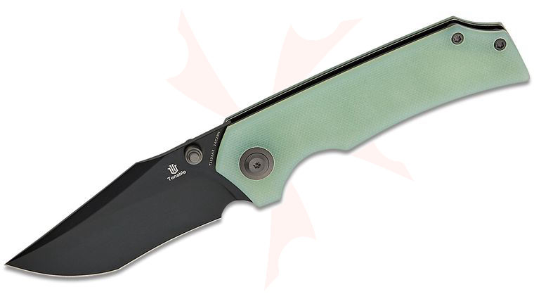 Tenable Knives Fermi Folding Knife 3.11 inch 14C28N Black TiCn Recurve Harpoon Point Blade, Jade G10 Handles