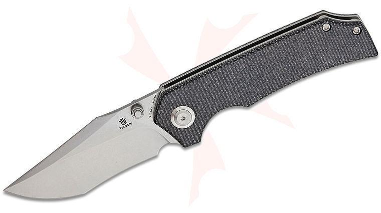 Tenable Knives Fermi Folding Knife 3.11 inch 14C28N Stonewashed Recurve Harpoon Point Blade, Black Micarta Handles
