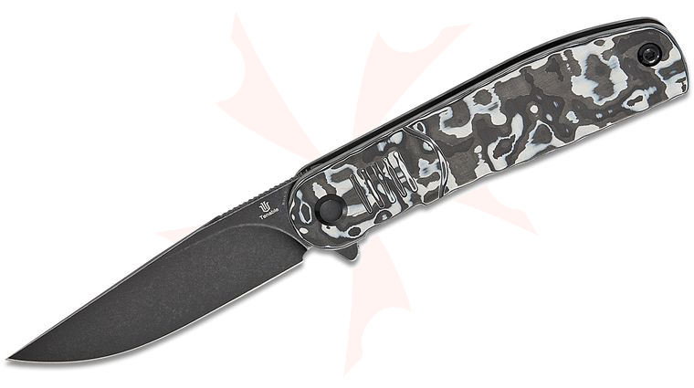 Tenable Knives Justin Lundquist Einar Liner Lock Flipper Knife 3.13 inch Nitro-V Black Stonewashed Drop Point Blade, White and Black Carbon Fiber Handles
