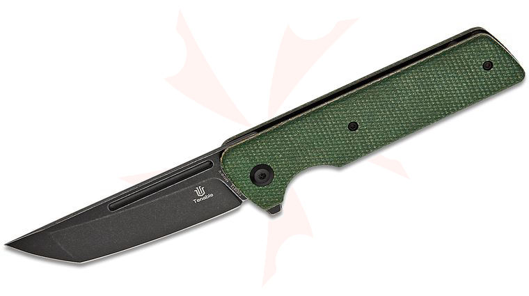 Tenable Knives Dirk Pinkerton Anomaly Liner Lock Flipper Knife 3.14 inch Nitro-V Black Stonewashed Tanto Blade, Green Micarta Handles