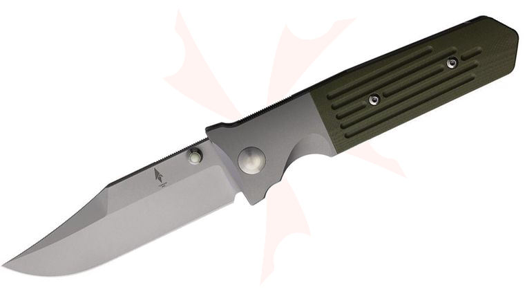 Terrain 365 STS-ATB OD Folding Knife 3.5 inch Terravantium Dendritic Cobalt Clip Point Blade, Bolstered Titanium Handles with OD Green G10 Scales