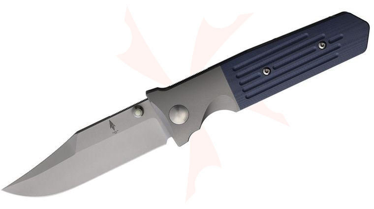 Terrain 365 STS-ATB Canvas Micarta Folding Knife 3.5 inch Terravantium Dendritic Cobalt Clip Point Blade, Bolstered Titanium Handles with Marine Gray G10 Scales