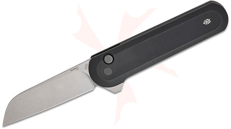 The James Brand The Wells Button Lock Flipper Knife 2.95 inch Stonewashed MagnaCut Wharncliffe Blade, Black Aluminum Handles