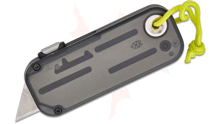 The James Brand Palmer Pocket Utility Knife 0.55 inch Replaceable Blade, Clear Charcoal Recycled PCTG Handles with Electric Green Lanyard