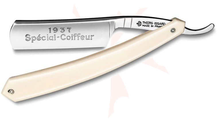 Thiers-Issard 1937 Special Coiffeur Straight Razor 6/8 inch Half-Hollow Carbon Steel Blade, White Plastic Handle