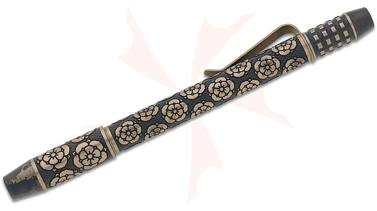 Ti2 Design TechLiner Shorty Titanium Pen, Burnley Rose Engraving, 5 inch Overall, Black TRD Fallout Two-Tone Gold