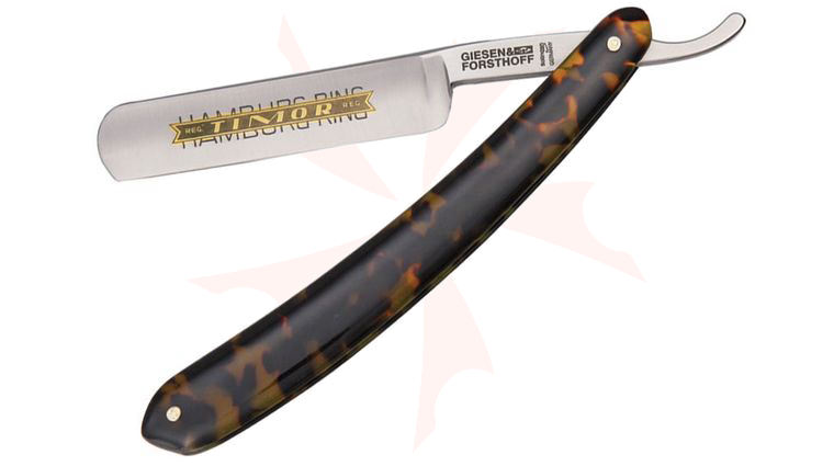Timor Hamburg Ring Straight Razor, 5/8 inch Carbon Steel Blade, Brown and Beige Imitation Tortoise Handles