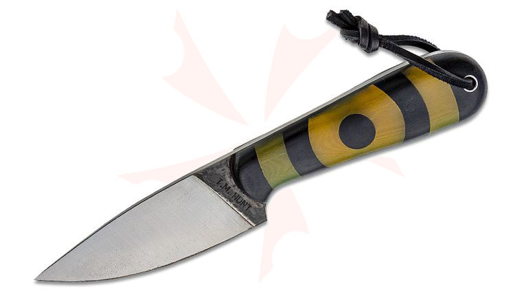T.M. Hunt Custom Bullseye Magua 3.56 inch O1 Steel Fixed Blade, Black and Lager G10 Handles, Leather Sheath