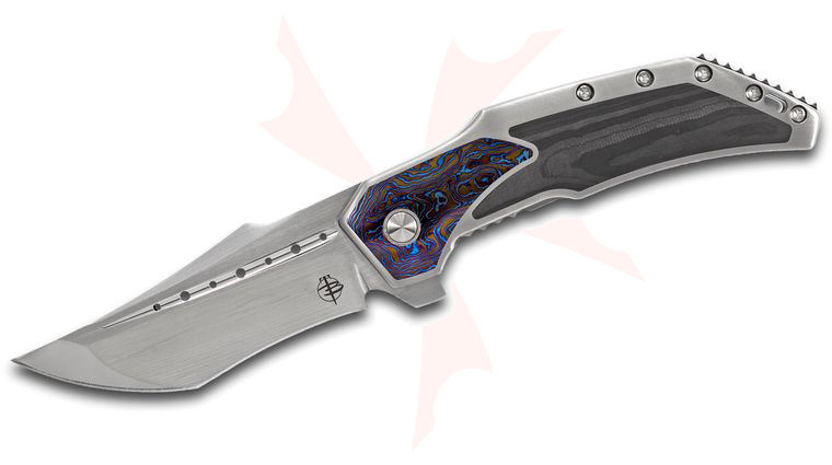 Todd Begg Knives JVO Custom Astio Flipper Knife 3.5 inch RWL-34 Compound Tanto Blade, Hand Satin Titanium Handles with Timascus and Carbon Fiber Inlays