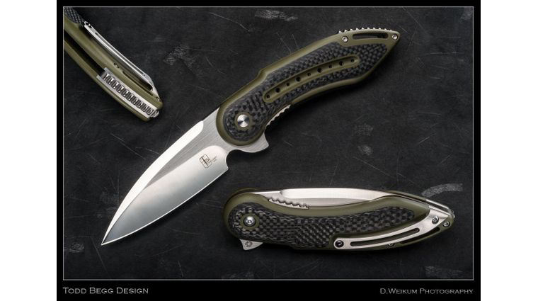 Todd Begg Steelcraft Series Glimpse 7.0 Flipper 3.75 inch S35VN Satin Blade, Smooth OD Green G10 Handles with Carbon Fiber Inlays