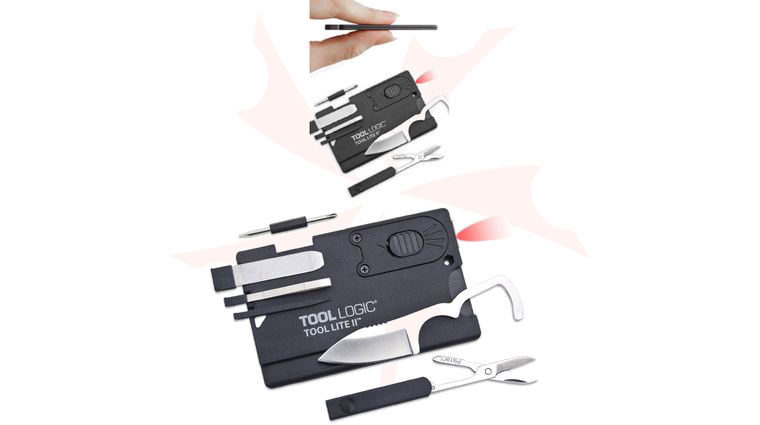 Tool Logic Tool Lite II Credit Card Tool, 2 inch Plain Blade, Scissors, LED Light, Black