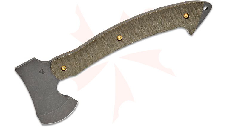 Toor Knives Campfire Collection Camp Axe, 12 inch Overall, D2 Tumbled Black Oxide Axe Head with Hammer, Dynamic Fluted Forest Green Canvas Micarta Handles, Leather Sheath
