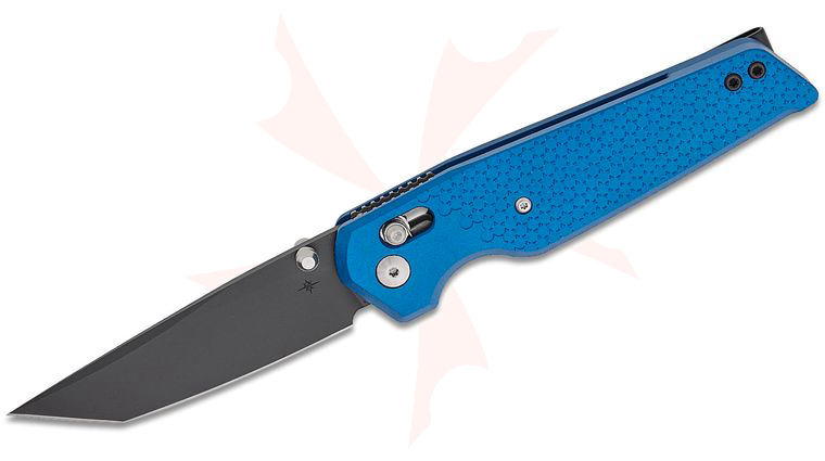 Toor Knives Bateman Crossbar Lock Folding Knife 3.5 inch MagnaCut SOCOM Black Tanto Blade, Cobalt Blue Aluminum Handles, Reversible Deep Carry Clip