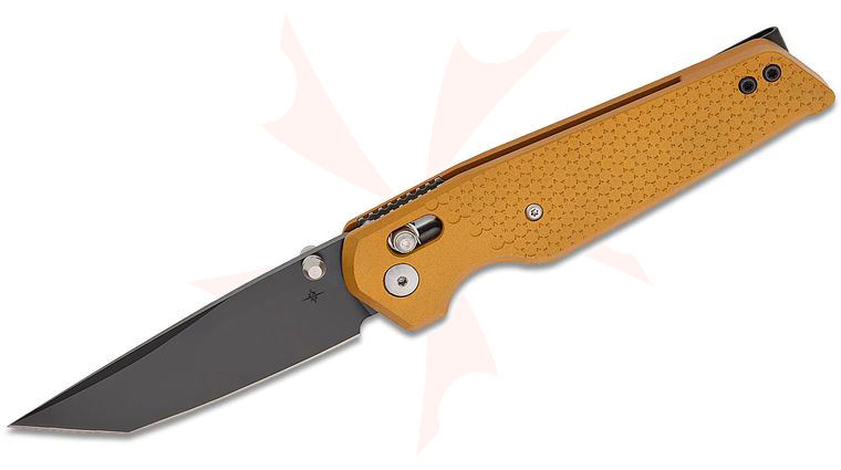 Toor Knives Bateman Crossbar Lock Folding Knife 3.5 inch MagnaCut SOCOM Black Tanto Blade, Gold Aluminum Handles, Reversible Deep Carry Clip