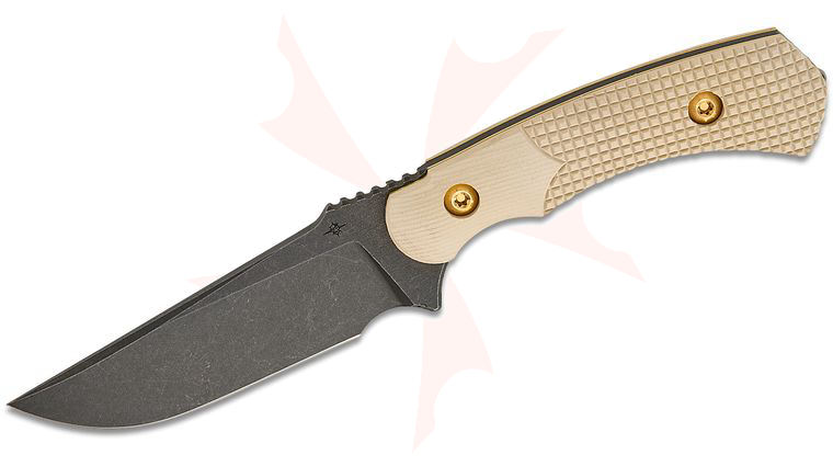 Toor Knives Limited Edition Brauler Medellin Fixed Blade Knife 3.875 inch CPM-CruWear Black Oxide Drop Point Blade, Machined White Paper Micarta Handles, Brass Accents, Tungsten Carbide Breacher Ball, Suede Sheath