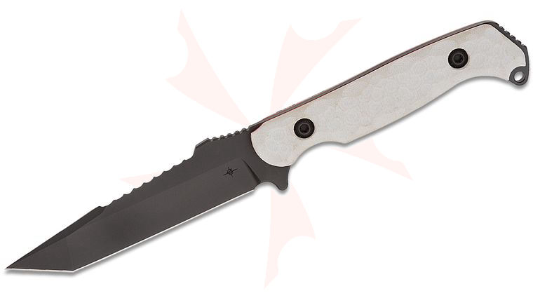 Toor Knives Darter T Fixed Blade Knife 4.25 inch CPM-S35VN Black KG Gunkote Double Edge Sawback Tanto Blade, Disruptive Gray G10 Handles with Red Liners, Kydex Sheath