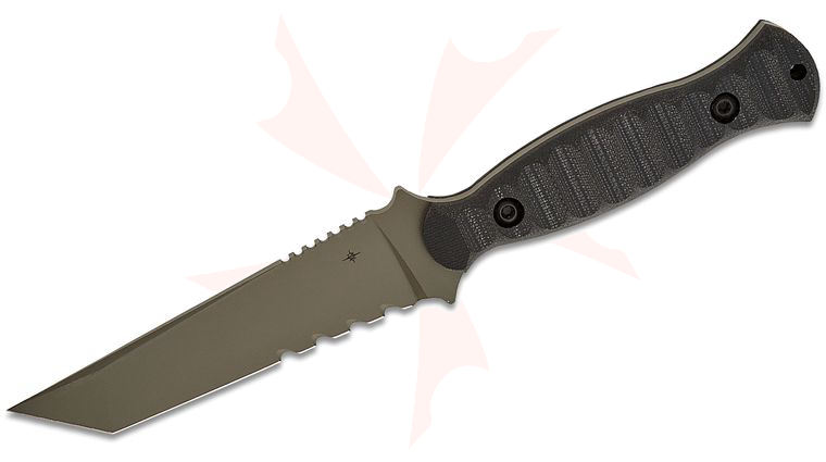 Toor Knives Overlord Fixed Blade Knife 4.5 inch CPM-154 Woodland Green Tanto Combo Blade, Milled Black G10 Handles, FlexTech Kydex Sheath