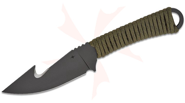Toor Knives Forloh Collab Merlin Fixed Blade Knife 3.75 inch CPM-154 Black Oxide Drop Point Blade with Guthook, Woodland Cord Wrapped Handle, Black Kydex Sheath
