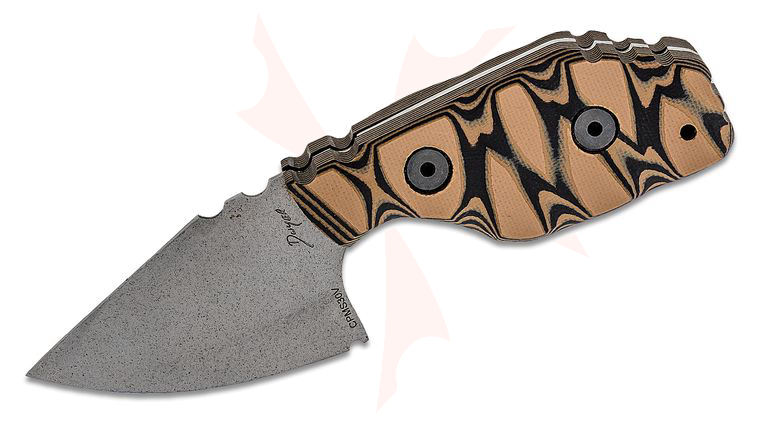Tommy Knife Custom Delta Fixed Blade Knife 2.75 inch S30V Rough Metal Pike Right-Hand Chisel, Black/Tan Caveman G10 Handles, Kydex Sheath