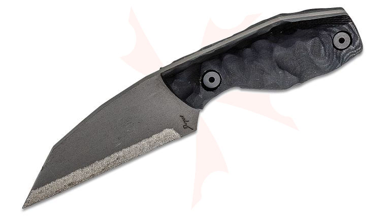 Tommy Knife Custom Hotel Fixed Blade Knife 3.5 inch Gunmetal Titanium Wharncliffe Right-Hand Chisel, Black Caveman G10 Handles, Kydex Sheath