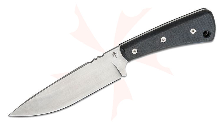 American Tomahawk Company Rifleman Fixed Blade Knife 5.375 inch AEB-L Tumbled Drop Point Blade, Milled Black Richlite Handles, Brown Leather Sheath