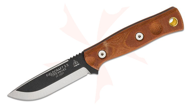 TOPS Knives BOB Brothers of Bushcraft Fieldcraft 3.5 Fixed Blade Knife 3.75 inch 1095 Black Drop Point, Tan Micarta Handles, Black Kydex Sheath w/ Firestarter
