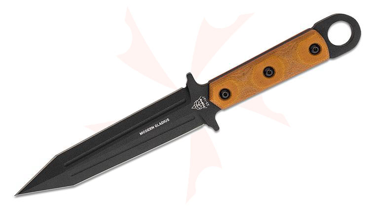 TOPS Knives Modern Gladius Fixed Blade Knife 6.50 inch 1095 Black Double Edged Dagger Blade, Tan Canvas Micarta Handles, Kydex Sheath with Dangler