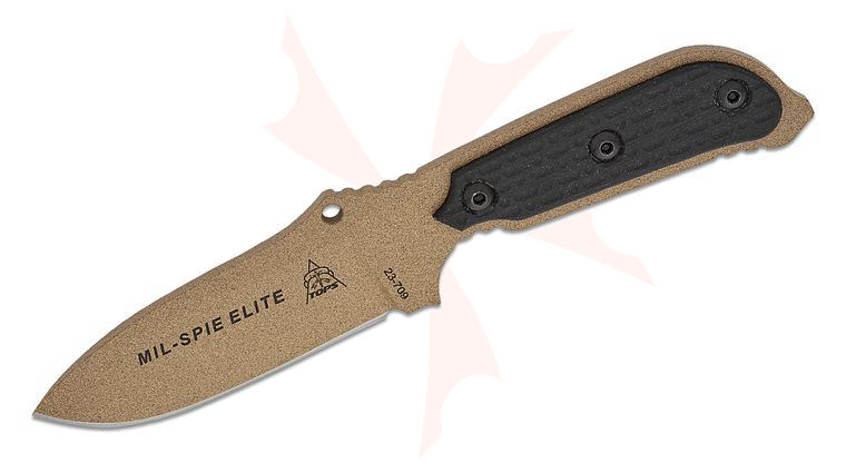 TOPS Knives MIL-SPIE 3 Elite Fixed 4 inch Tan 1095 Carbon Blade, Black Canvas Micarta Handles, Kydex Sheath