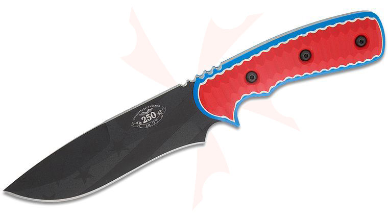 TOPS Knives Limited MTLN-250 Mountain Lion Freedom Edition 250th Anniversary Fixed Blade 5.5 inch 1095 Carbon US-Flag Engraved Black Traction Drop Point Blade, Red/White/Blue G10 Handles, Kydex Sheath