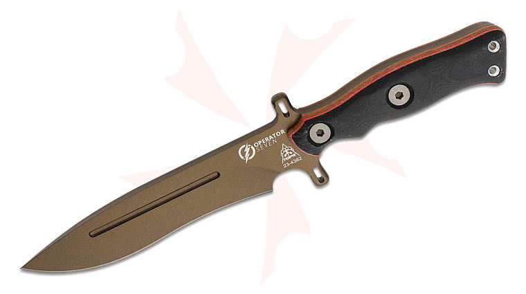 TOPS Knives Operator 7 Fixed Blade Knife 7.25 inch 1075 Carbon Midnight Bronze Blade, Tan Canvas Micarta/Black G10 Handles, Kydex Sheath