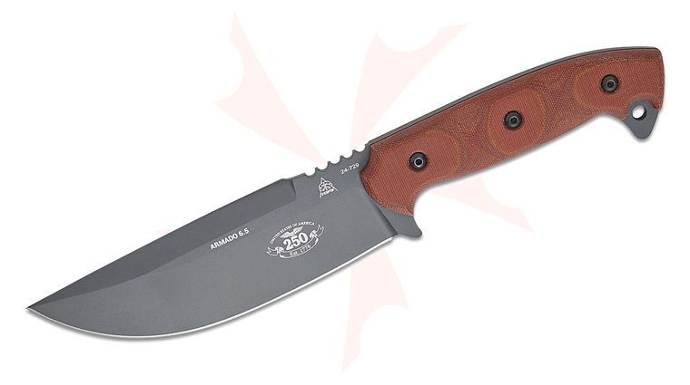 TOPS Knives 250th Anniversary Armado 6.5 Fixed Blade Knife 6.5 inch 1095 Sniper Gray Cerakote Blade, Tan Canvas Micarta Handles, Kydex Sheath with Dangler