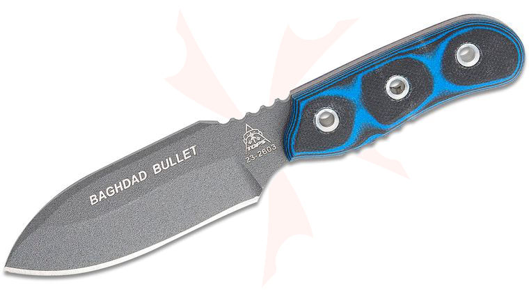 TOPS Knives Baghdad Bullet Fixed Blade 3.5 inch 1095 Carbon Gray Drop Point Blade, Blue and Black G10 Handles, Kydex Sheath