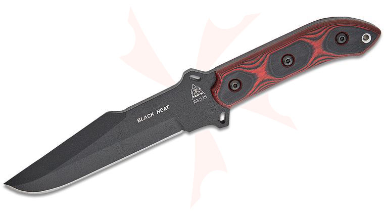 TOPS Knives Black Heat Fixed 6.5 inch 1095 Carbon Blade, Red/Black G10 Handles, Kydex Sheath