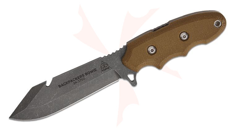 TOPS Knives Backpacker's Bowie Fixed Blade Knife 4.5 inch 1095 Stonewashed Clip Point Blade, Green Canvas Micarta Handles, Kydex Sheath