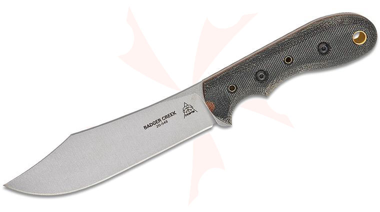 TOPS Knives Badger Creek Fixed Blade Knife 6 inch N690Co Tumbled Clip Point Blade, Black/Tan Canvas Micarta Handles, Kydex Sheath