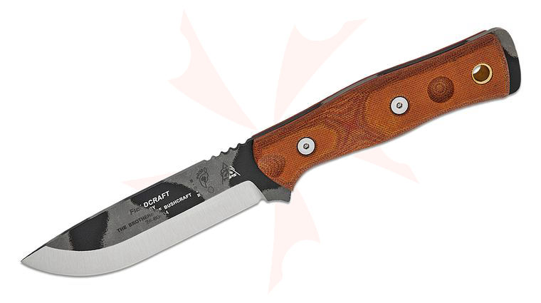 TOPS Knives BOB Brothers of Bushcraft Fieldcraft Fixed Blade Knife 4.75 inch 1095 Camo Coated Drop Point, Brown Micarta Handles, Black Kydex Sheath