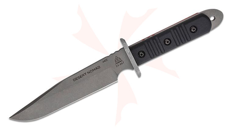 TOPS Knives Desert Nomad Fixed 6.5 inch Plain Blade, Black G10 Handles, Black Leather Sheath