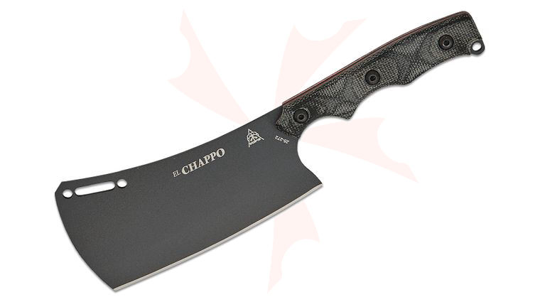 TOPS Knives El Chappo Mini Cleaver Fixed Blade Knife 3.38 inch 1095 Sniper Gray Cleaver Blade, Black Micarta Handles, Kydex Edge Guard