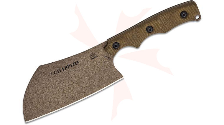 TOPS Knives El Chappito Fixed Blade Knife 3.38 inch 1095 Carbon Steel Coyote Tan Cleaver Blade, Green Canvas Micarta Handles, Brown Kydex Sheath