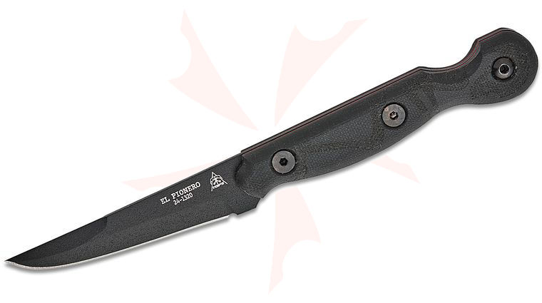 TOPS Knives El Pionero Blackout Edition Fixed Blade 3.38 inch 1095 Black Trailing Point Blade, Black Linen Micarta Handles, Kydex Sheath