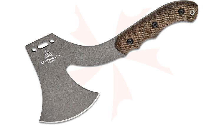 TOPS Knives Grandpa's Ax 4 inch 1095 Carbon Tungsten Cerakote Blade, Green Canvas Micarta Handles, Leather Sheath