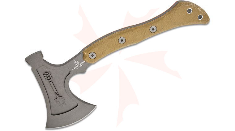 TOPS Knives Hammer Hawk Axe 14.5 inch Overall, Tungsten Cerakote Axe Head, Green Canvas Micarta Handles, Brown Leather Sheath